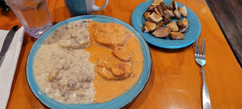 Sausage Gravy and Tomato Gravy on Biscuits